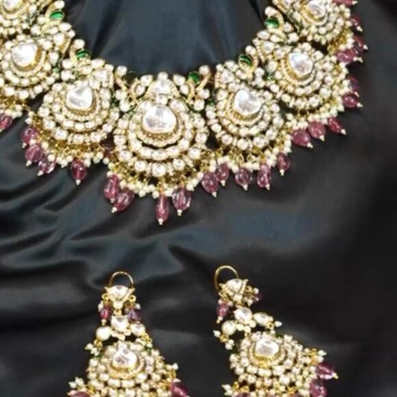 Jadau Kundan Polki Necklace Set with Pink Drop Pearls & Green Accents - Picture 3 of 4